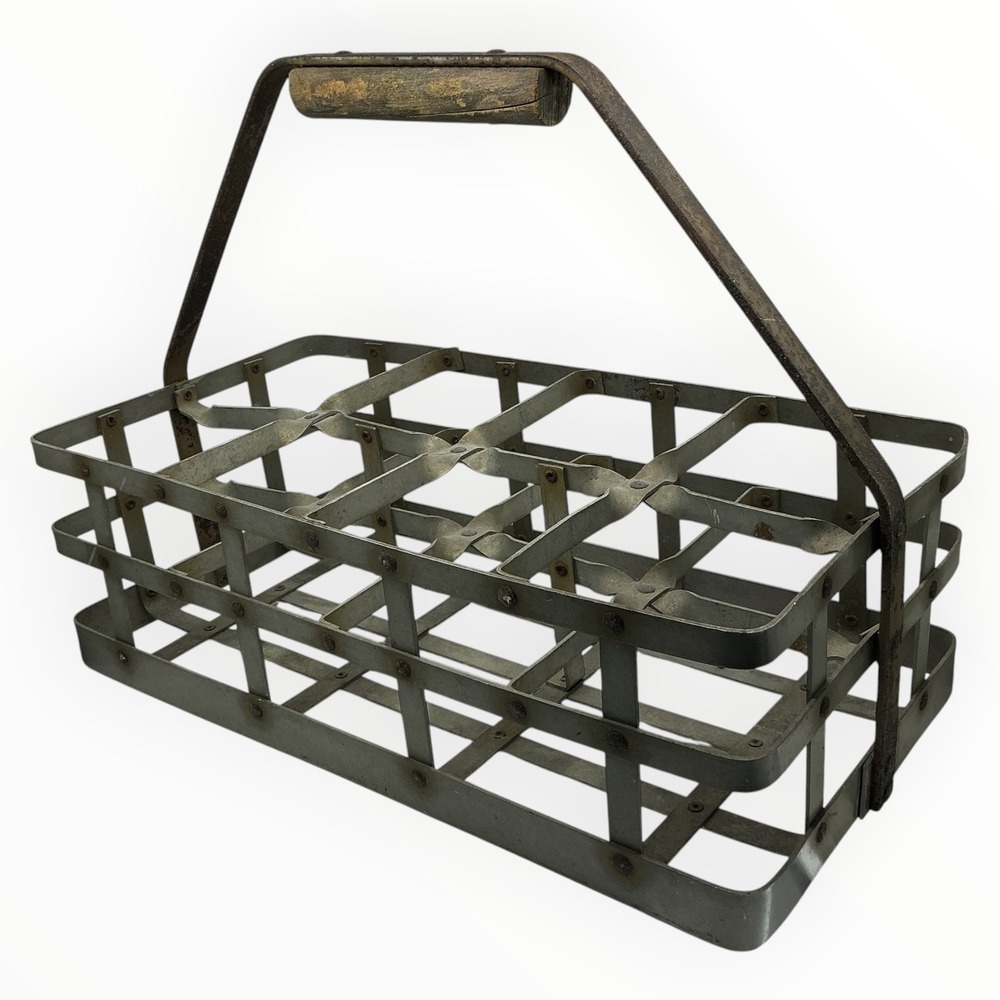 Vintage Metal Milk Crate Bottle Carrier 8 Slot Rustic Farmhouse Galvanized Steel